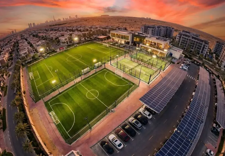 Sports court construction UAE showing professional court installation in night, base preparation and finishing by Almustaqbal Alsarea